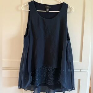Y2K Alfani‎ navy blend hi-lo tank top, heavy sequin design on front bottom.